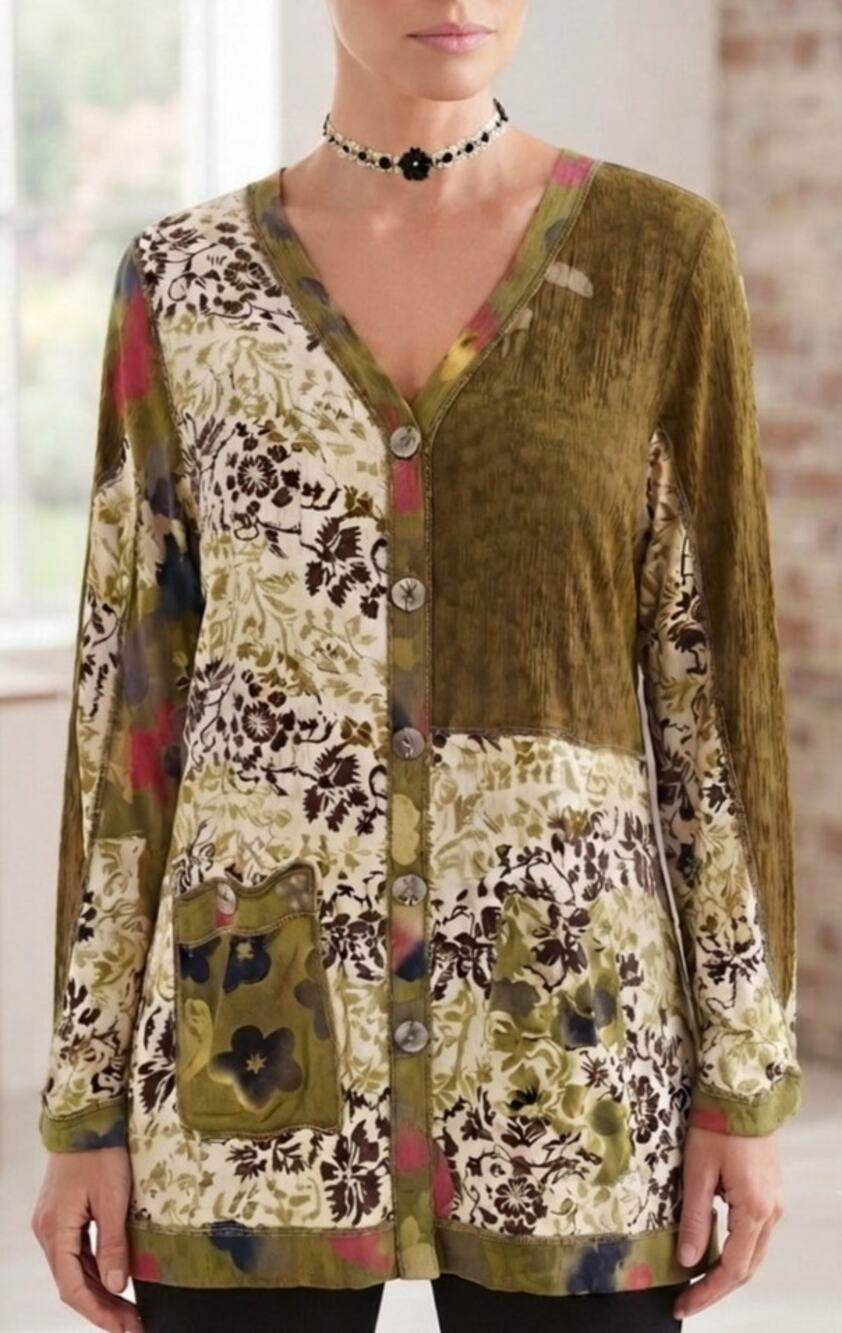 Vintage Mirror Image Colorful Bohemian Patchwork Multipattern Button Up Blouse